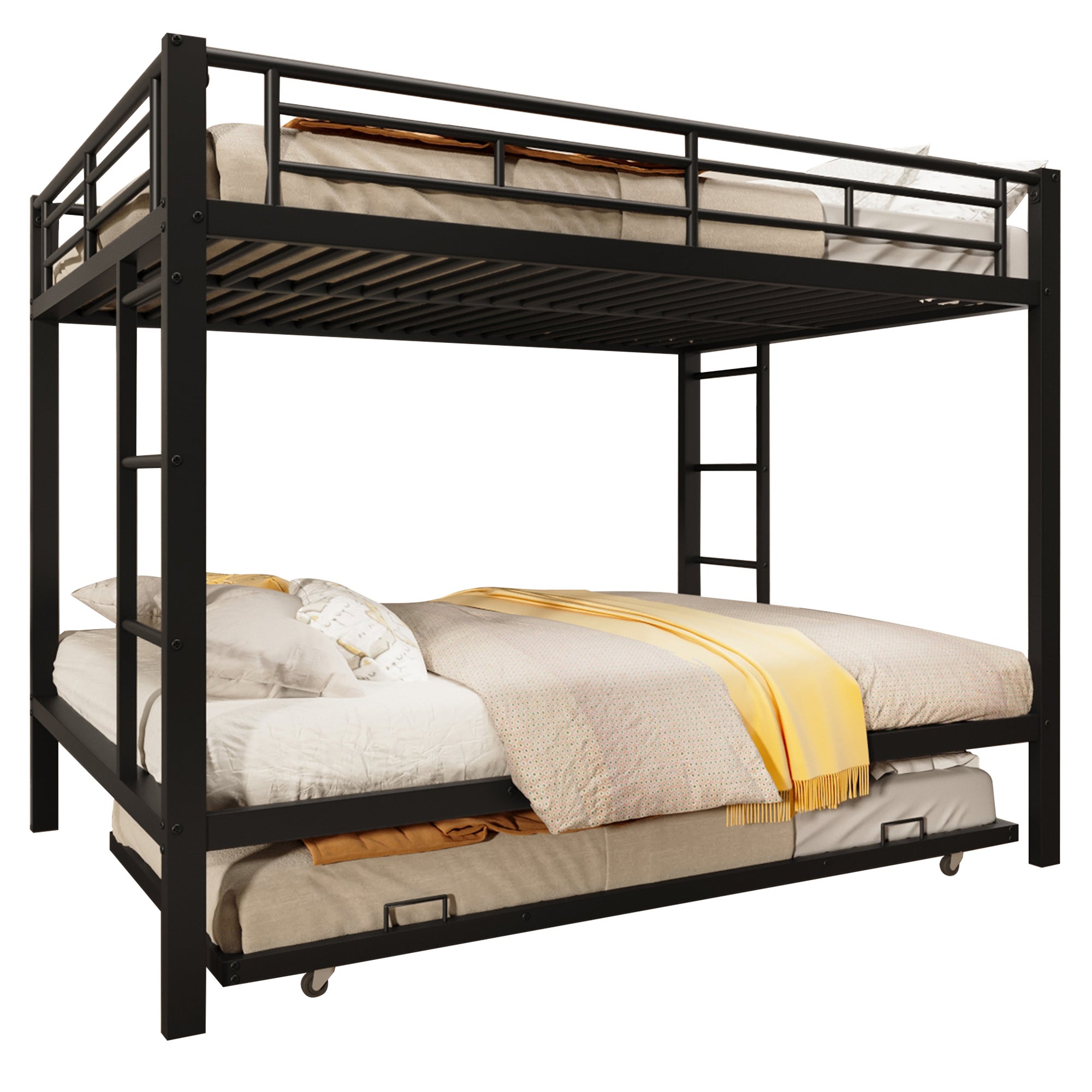 Lits superposés 2 x 140 x 200 cm avec lit gigogne 90 x 190 cm - Cadre en métal - Noir (sans matelas) - 7