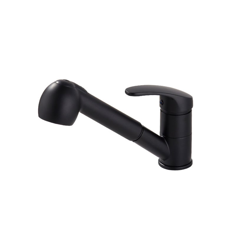 Czarny kran kuchenny z wyciąganą wylewką o długości 50 cm, podwójną dyszą i mieszaczem wody ciepłej i zimnej.