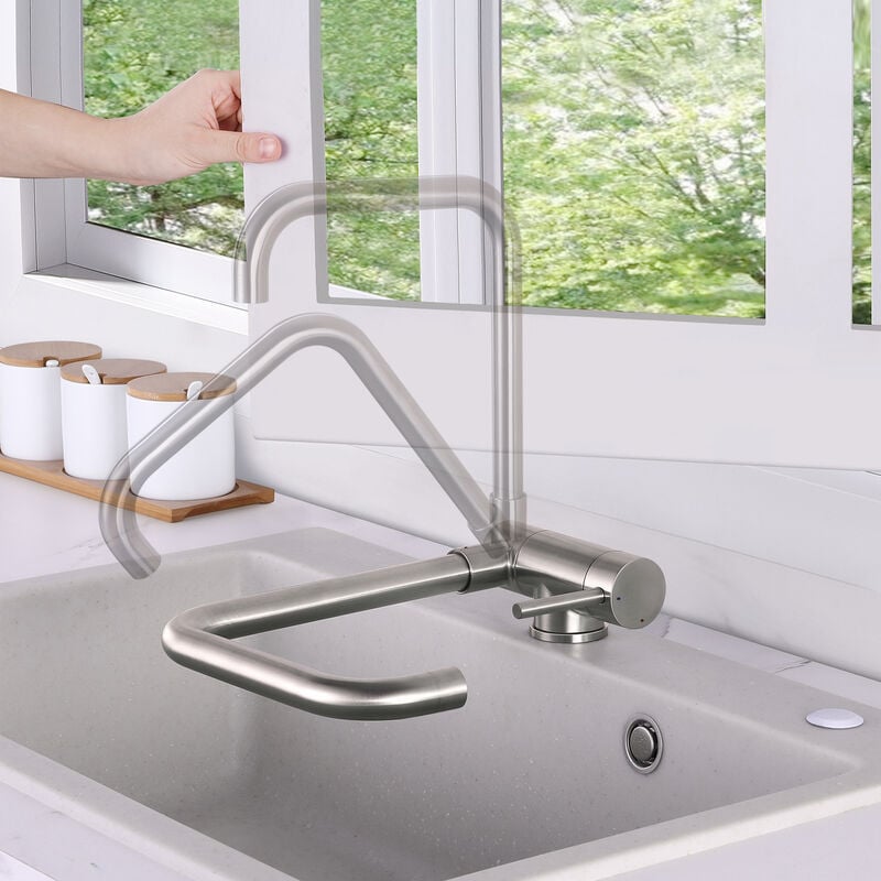Mitigeur Rabattable Cuisine Robinet Cuisine Rabattable Sous Fenetre, Mitigeur Cuisine Pliable Acier Inoxydable 2 Modes Pivotant 360° Robinetterie De Cuisine-Brossé Robinet Rabattable Cuisine