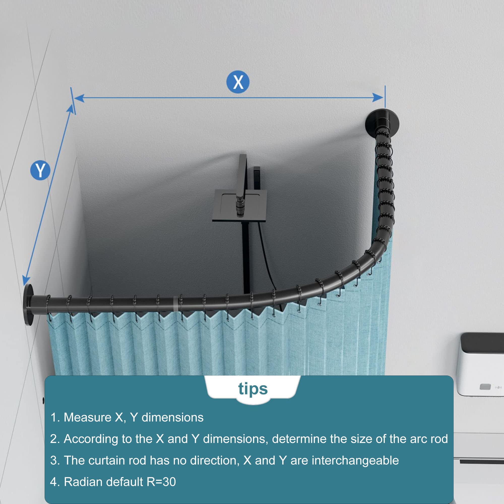 Bastone per tenda da doccia a L, bastone angolare regolabile per tenda da doccia, per vasca da bagno, 68-98 x 68-98cm,installazione con foratura(nero) - 2