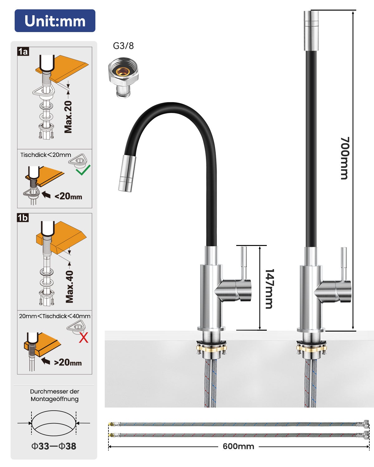CECIPA MAX Grifo de cocina flexible , mezclador de cocina giratorio 360°, grifo de cocina de agua fría y caliente - 8