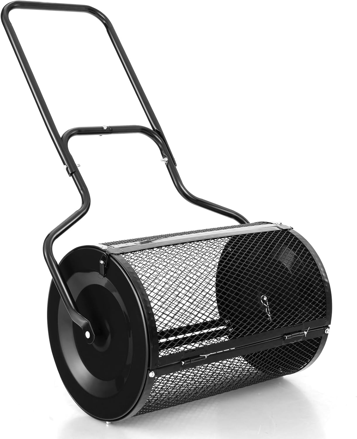Rozsiewacz kompostowy 75 l, rozsiewacz mchu torfowego z uchwytem w kształcie litery U, do trawnika, kompostownika, metalowy, z koszem z siatki,