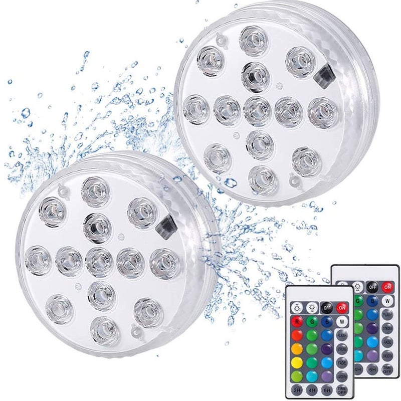 Zestaw 2 dekoracyjnych, zanurzalnych lamp LED RGB z 13 diodami LED, z pilotem RF, wodoodpornych i idealnych do spa, akwarium, stawu, basenu i ogrodu.