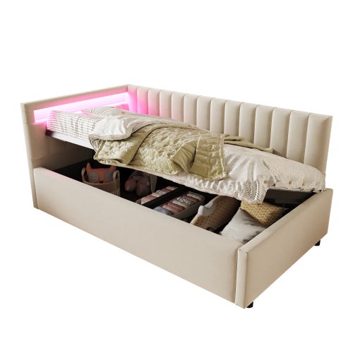 Canapé-lit 90 x 200 cm avec LED, espace de rangement, sommier à lattes, en velours, beige, sans matelas - 9