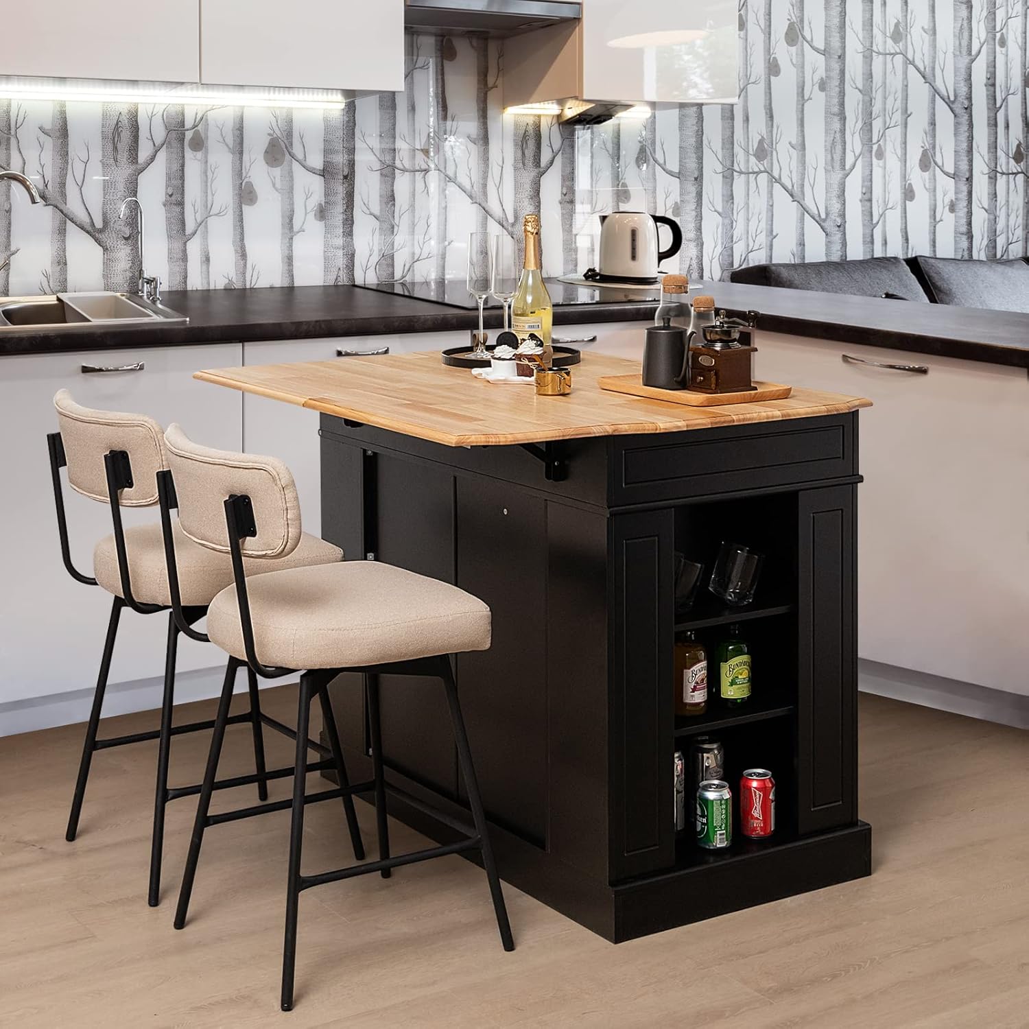 Ilot Central Cuisine Comptoir en Bois d'Hévéa Pliable, Étagères Réglables , 61 x 120 x 92 cm, Noir - 2