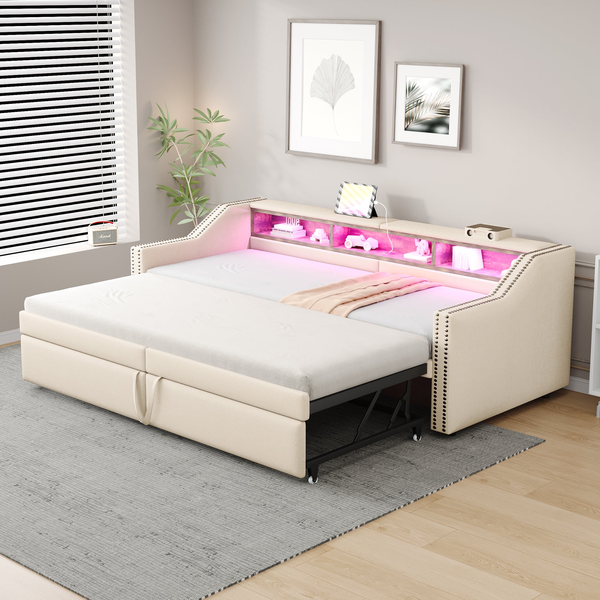 Kanapa-lit rozciągliwa 90/180x200 cm - Poduszka z listewkami - Staufach wielofunkcyjny z LED i USB - Tkanina lnianka beżowa