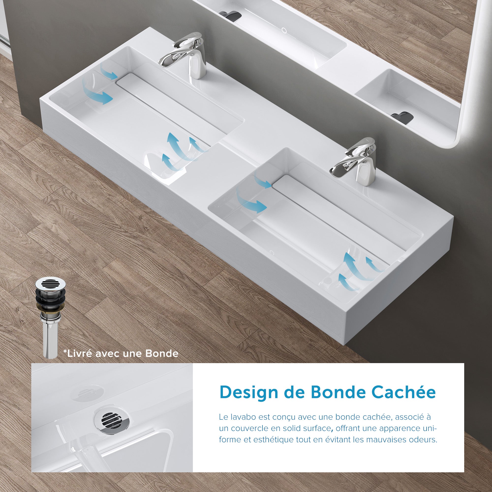 doporro Double Lavabo Suspendu Blanc 120cm Double Vasque à Poser Lave Mains Rectangulaire de Qualité pour Salle de Bain 120x48x13cm Colossum12 - 3
