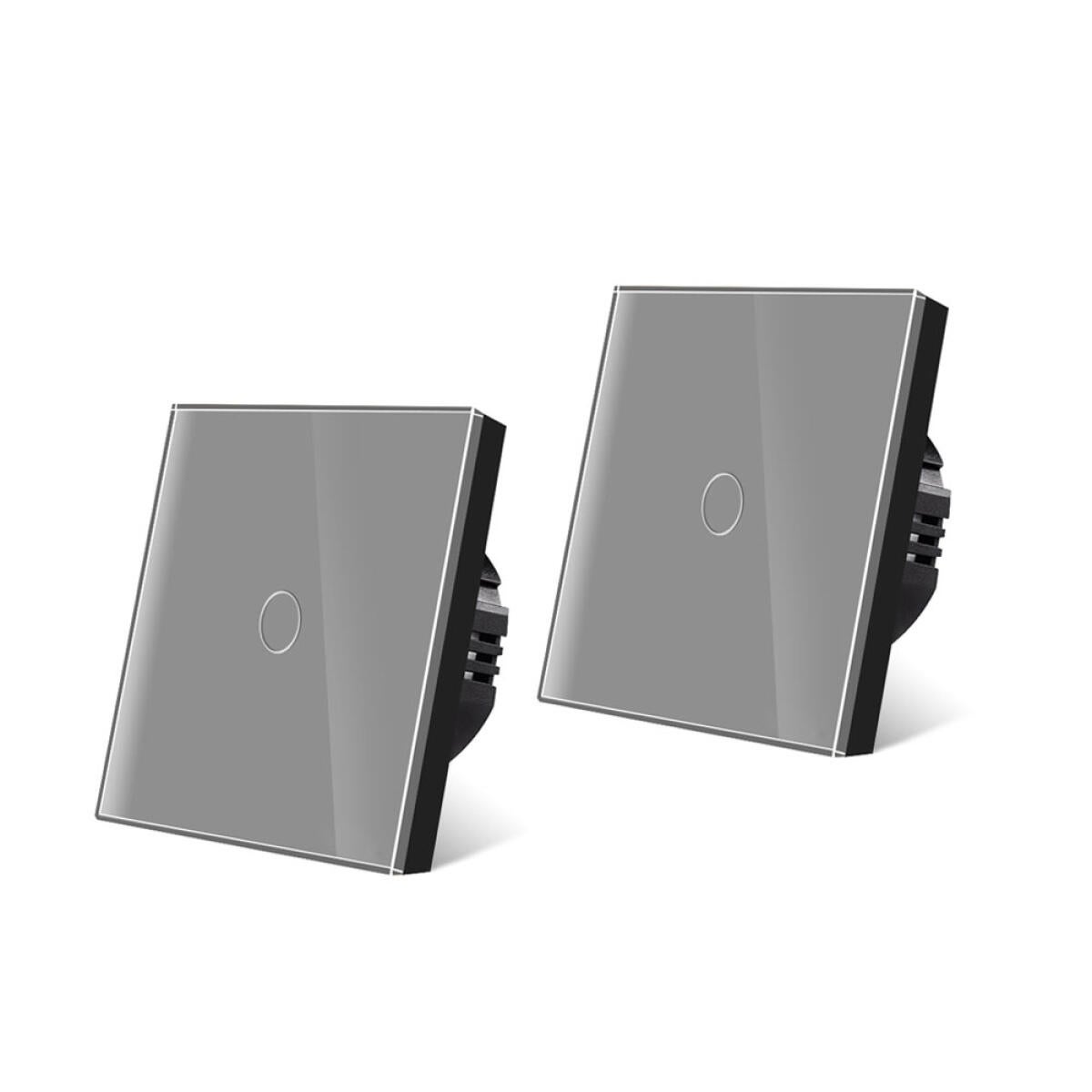 Jednobiegunowy wyłącznik lampy, 2 sztuki, panel ze szkła hartowanego, podświetlenie LED, 5-300 W, zasilanie sieciowe, kolor szary.