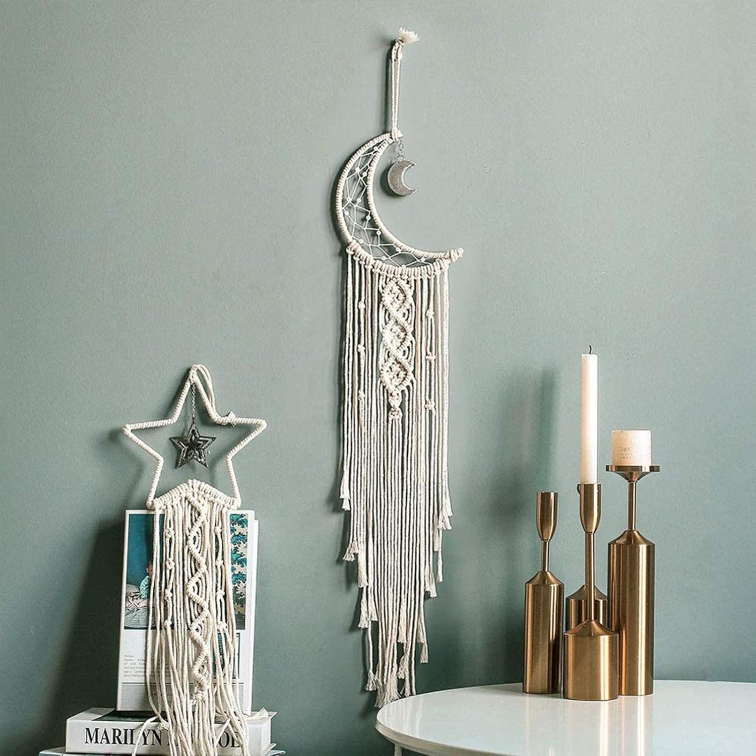 Attrape-rêves Lune Étoile, Lot de 2, Décoration murale bohème en macramé, idéal pour la chambre d'enfant ou de bébé, à offrir aux - 5