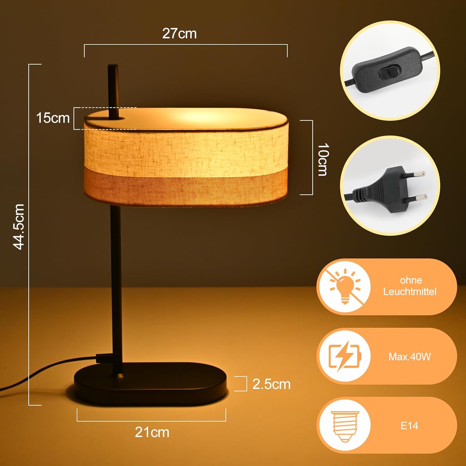 Nettlife Lampa Stołowa Vintage Czarna E14, Tkanina, Rustykalna Lampka Nocna do Sypialni Salonu (Brak żarówki) - 6