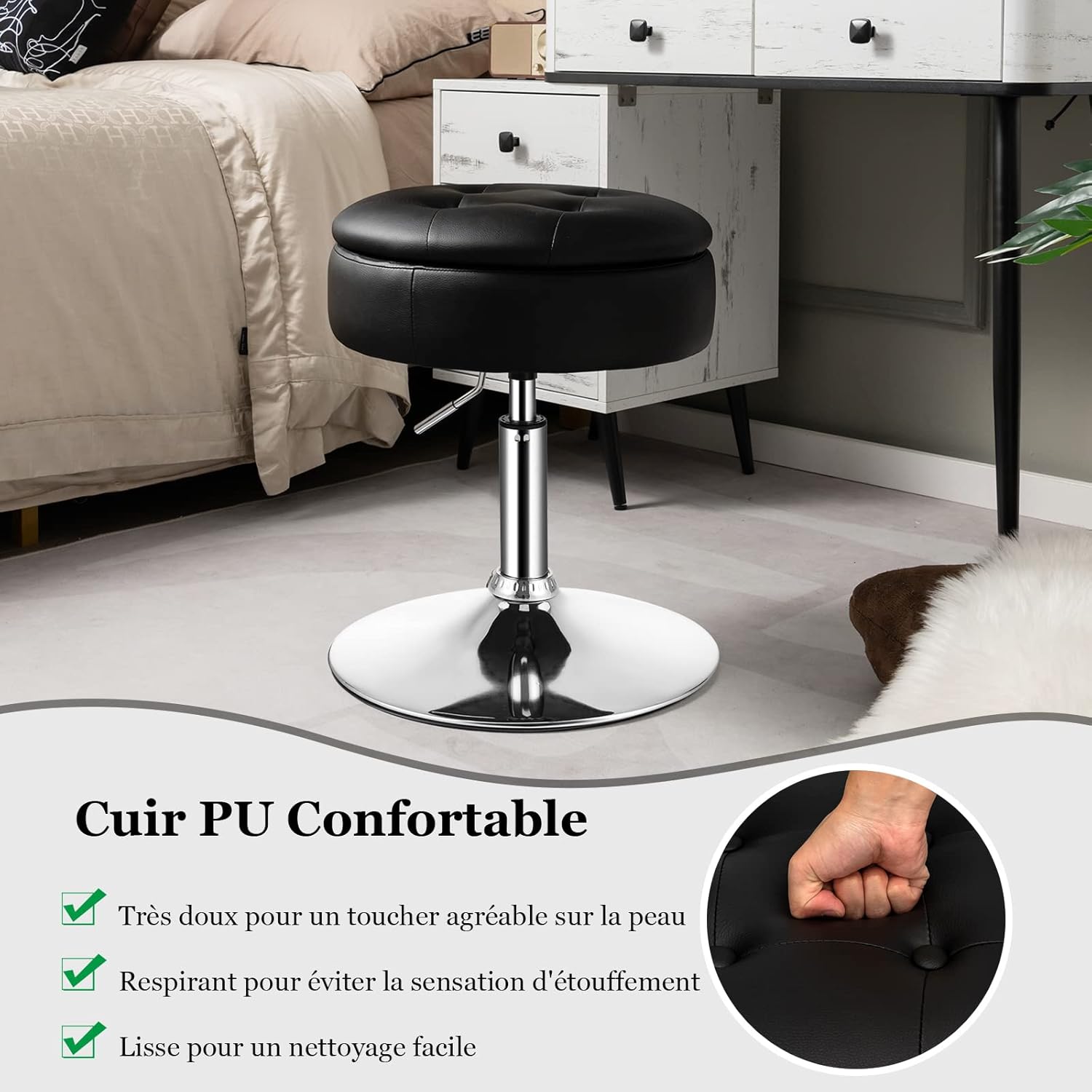 Taboret do Makijażu Obracany o 360°, Toaletki z Miejscem do Przechowywania, Wysokość Siedziska 51-66 cm, Tapicerowany, Nowoczesny (Czarny) - 4