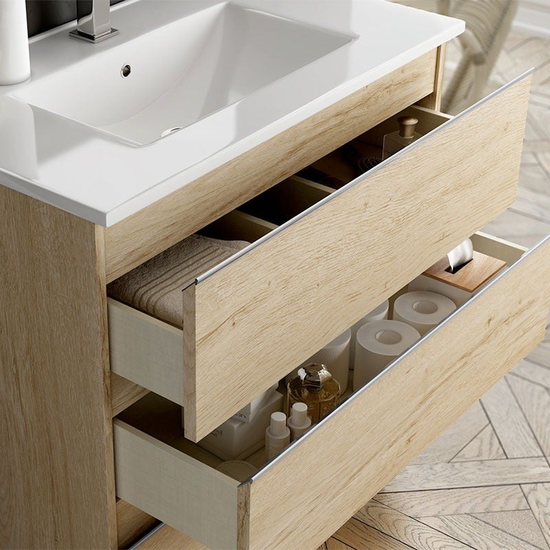 Meuble de salle de bain sans miroir avec vasques ronde BALEA - Bambou (chêne clair) - 120cm - 3
