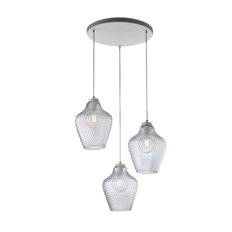 Lampa wisząca Maya z białego lakierowanego żelaza, regulowane kable, przezroczyste klosze z dmuchanego szkła z reliefem, nowoczesny styl, 3 światła