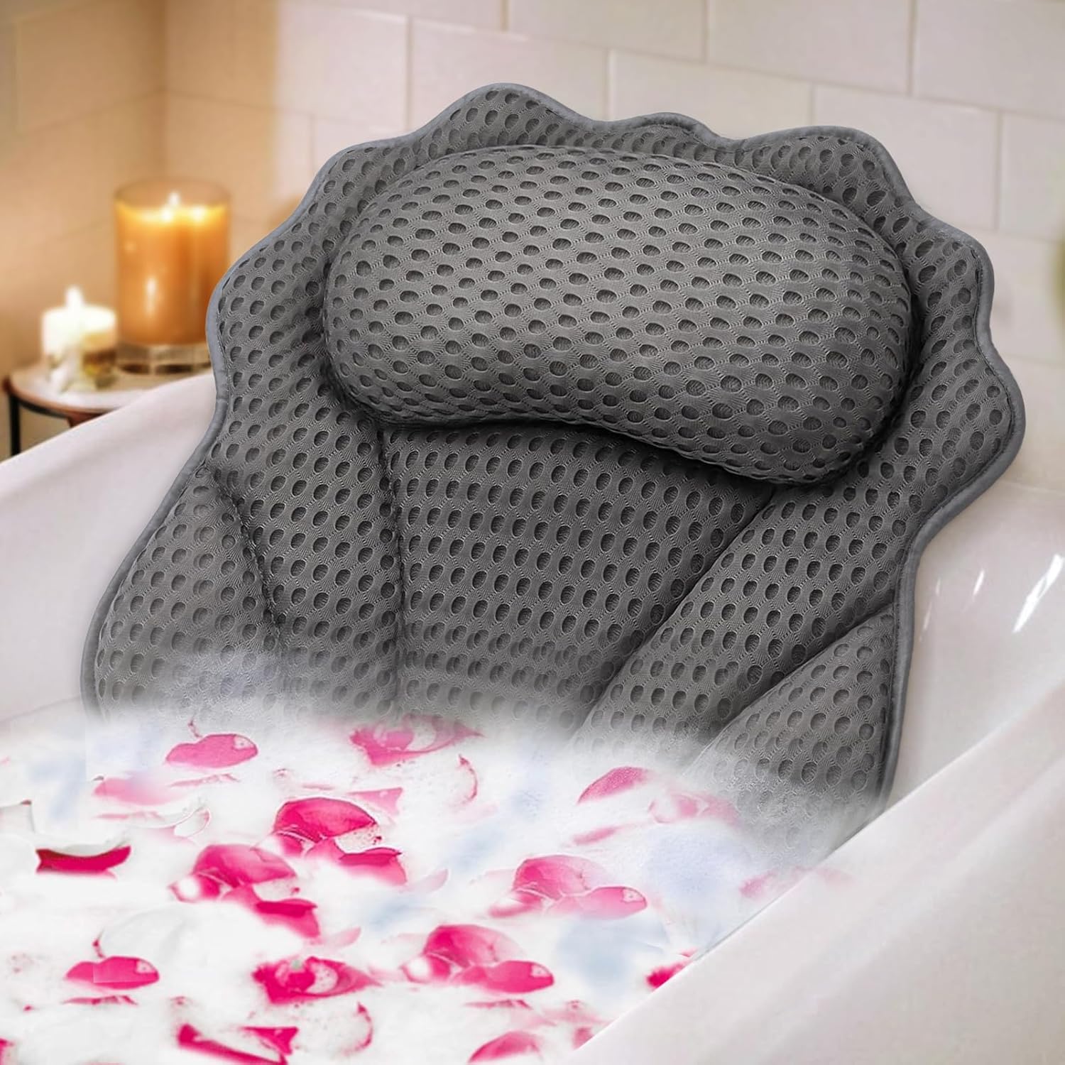 Cuscino Da Bagno Ergonomico Con 35 Ventose: Poggiatesta In Silicone Per Vasca, Relax Per Collo E Schiena (Grigio)