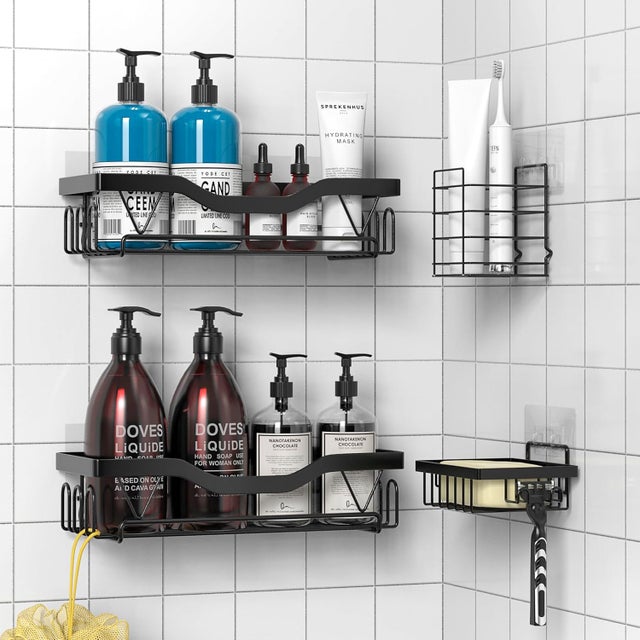 Estante para ducha, estante para baño sin taladrar, almacenamiento para ducha, soporte para champú y gel (juego de 4 estantes para ducha - negro)