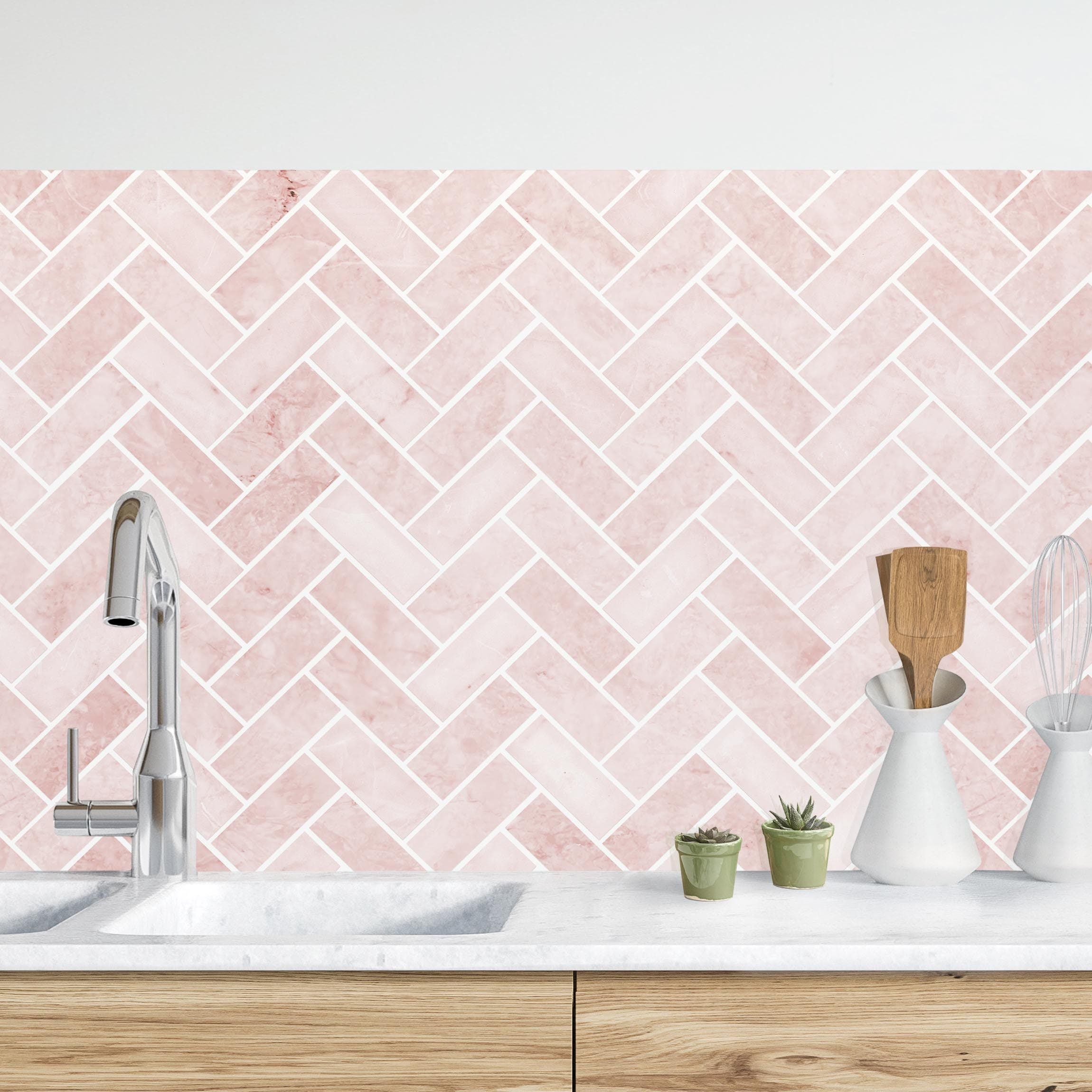 Salpicadero cocina adhesivo - marble fish bone tiles - antique pink 50 x 60 cm