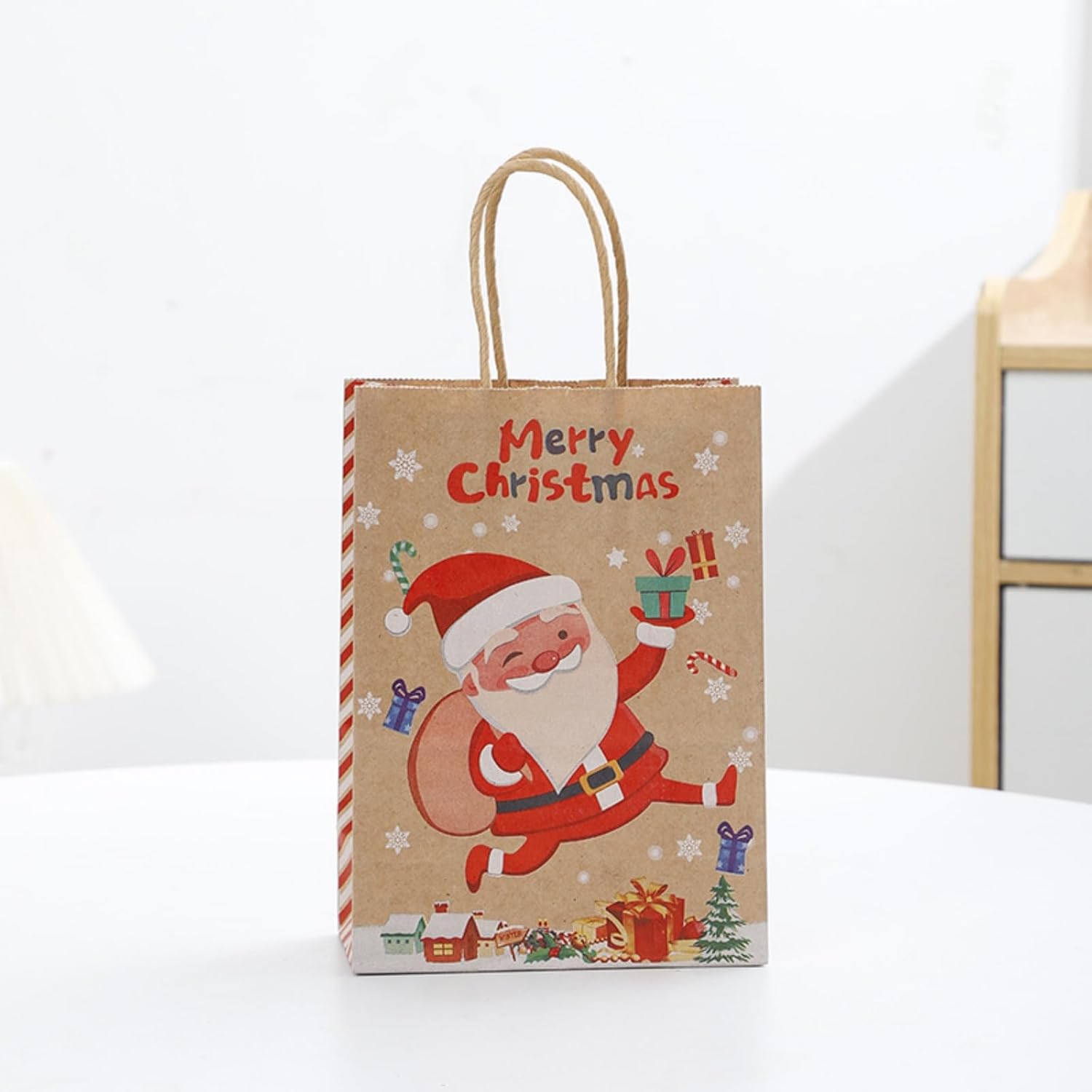 Zestaw 10 brązowych torebek prezentowych świątecznych z uchwytami - 27 x 21 x 11 cm - Papier kraft - Nadają się na przekąski, prezenty i pudełka