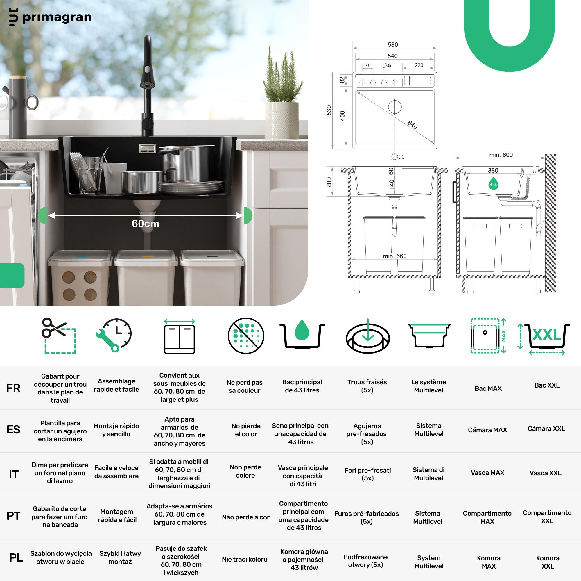 Lavandino da Cucina Nero 58x53cm, Lavello in Granito a 1 vasca + Sifone Classico + Accessori, Lavabo da Cucina Incasso al mobile 60cm PRIMAGRAN - 6