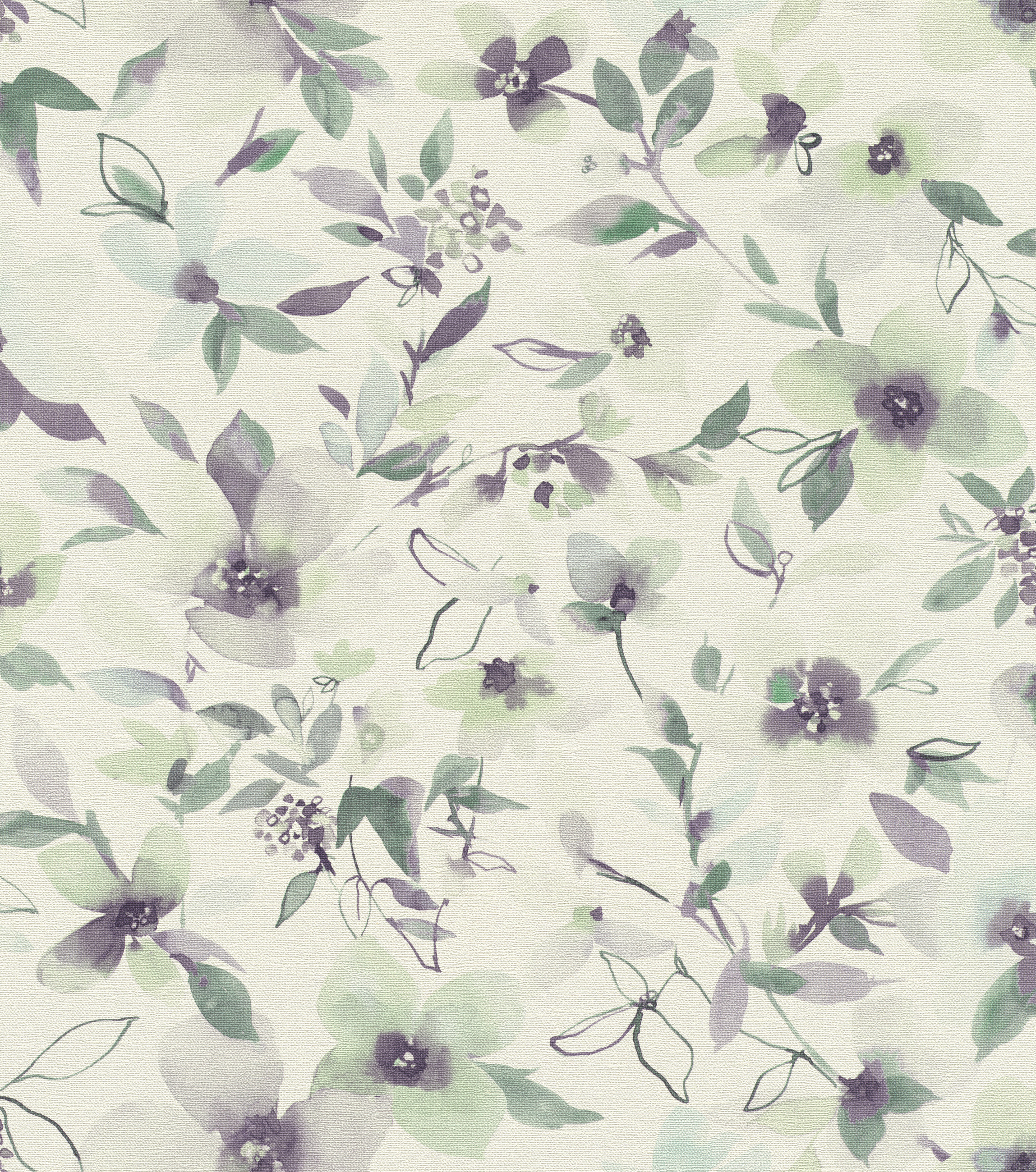 Papel pintado no tejido rasch 447323 en blanco crema con motivo floral en verde y morado