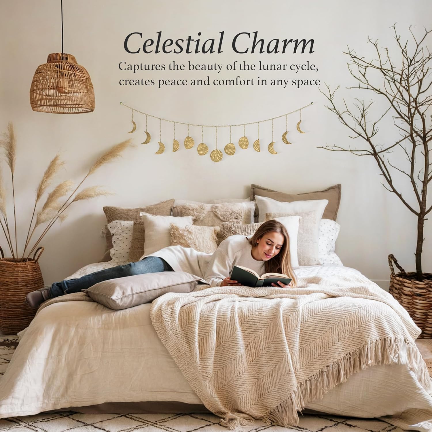 Décoration murale phase de lune, art mural doré pour chambre, style bohème, guirlande murale en métal de 91 cm (13 phases de la lune),or - 2