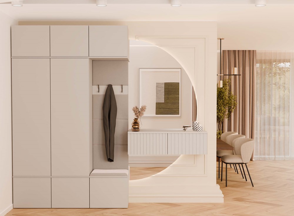 HAGA - Ensemble d’entrée avec 2 armoires + porte-manteau + banc 150x35x238 cm - beige cachemire - 3