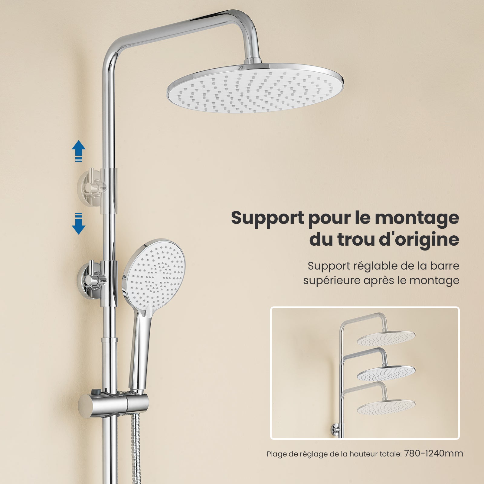 Auralum max Système Douche,avec Mitigeur Laiton,Colonne Douche Hauteur Réglable,Tête Douche Ronde 25 cm,Douchette 3 Jets,Acier Inoxydable,Chromé - 8