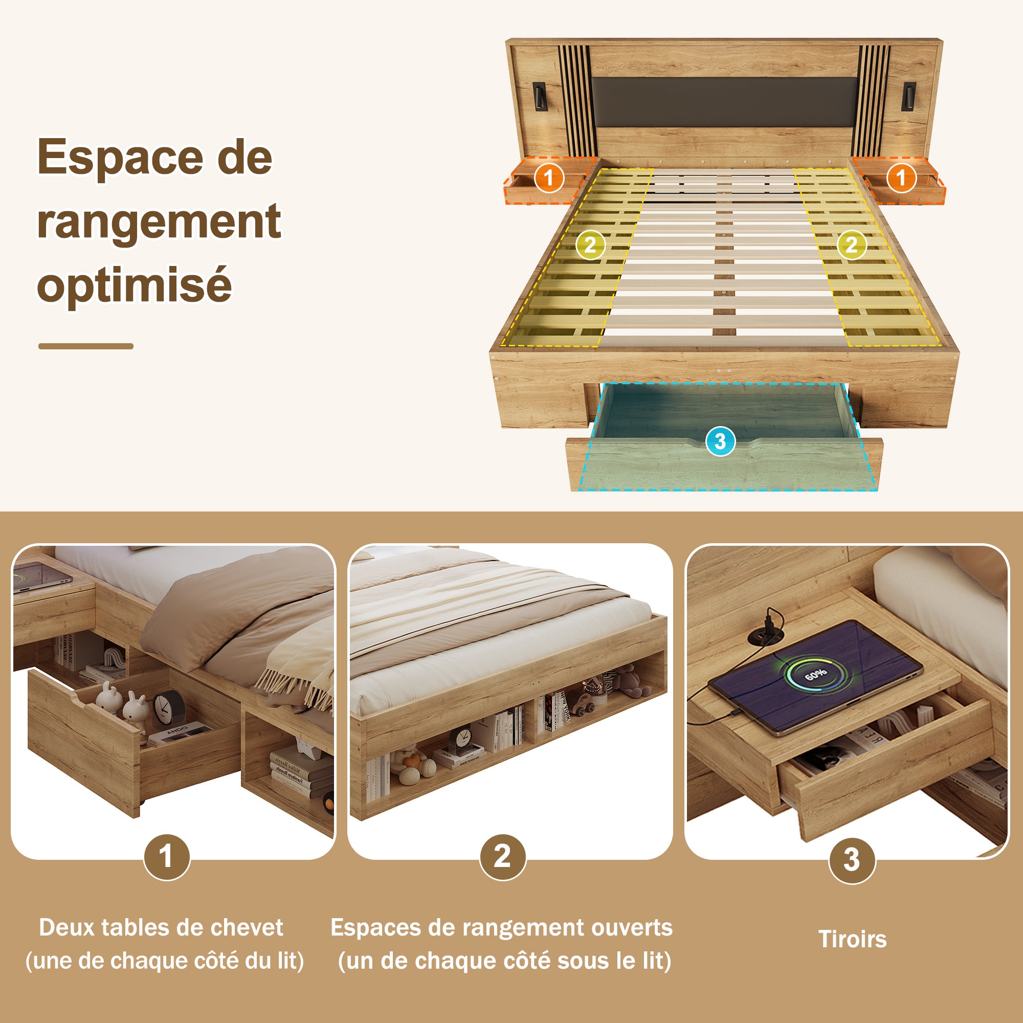 Lit 160x200 cm avec 2 avec table de nuit et 2 lampes de lecture, lit double en bois avec tiroirs, cadre de lit avec sommier, naturel (sans matelas) - 4