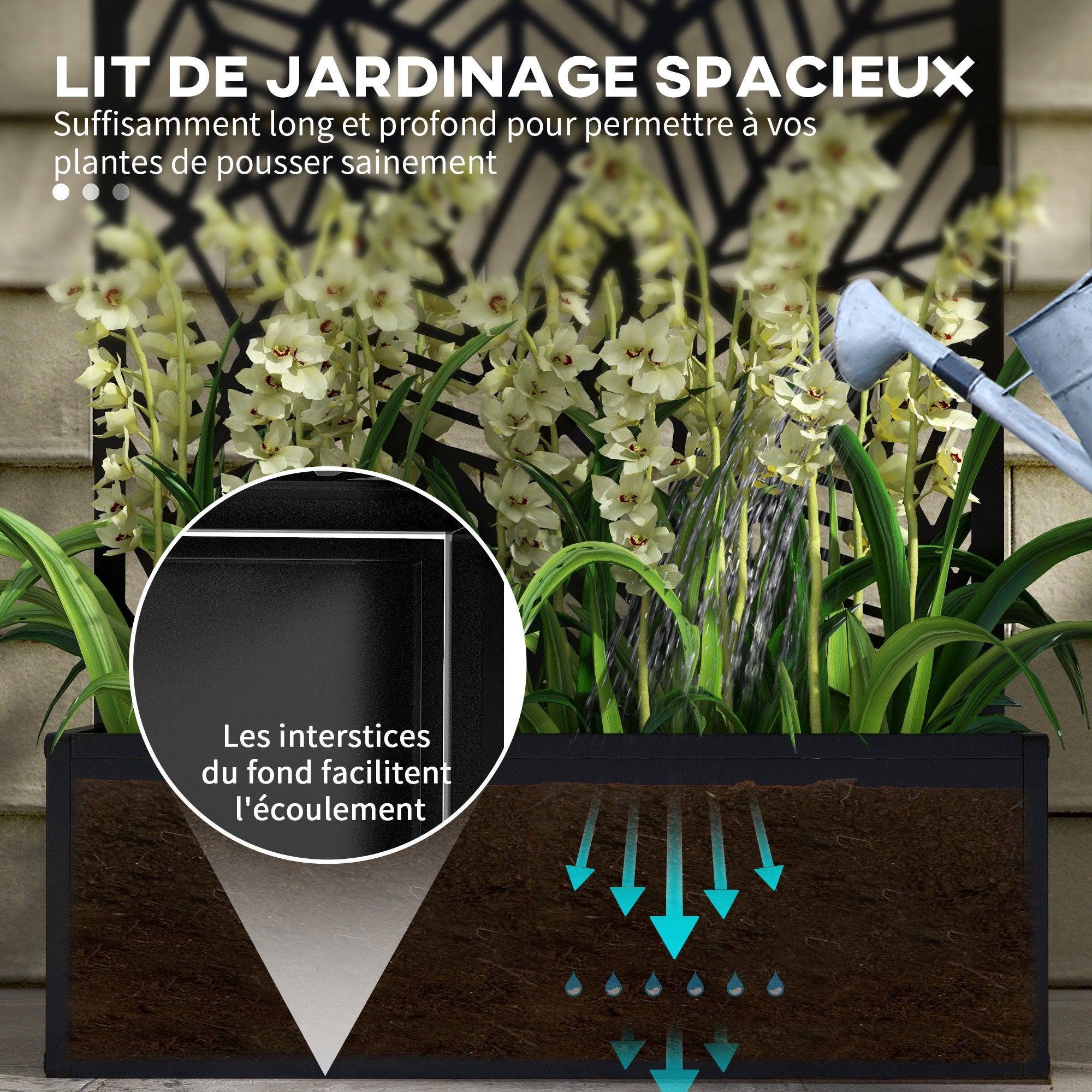 Jardinière avec brise-vue paravent treillis pour Plante Grimpante, bac à Fleurs - dim. 61L x 23l x 113H cm - 6