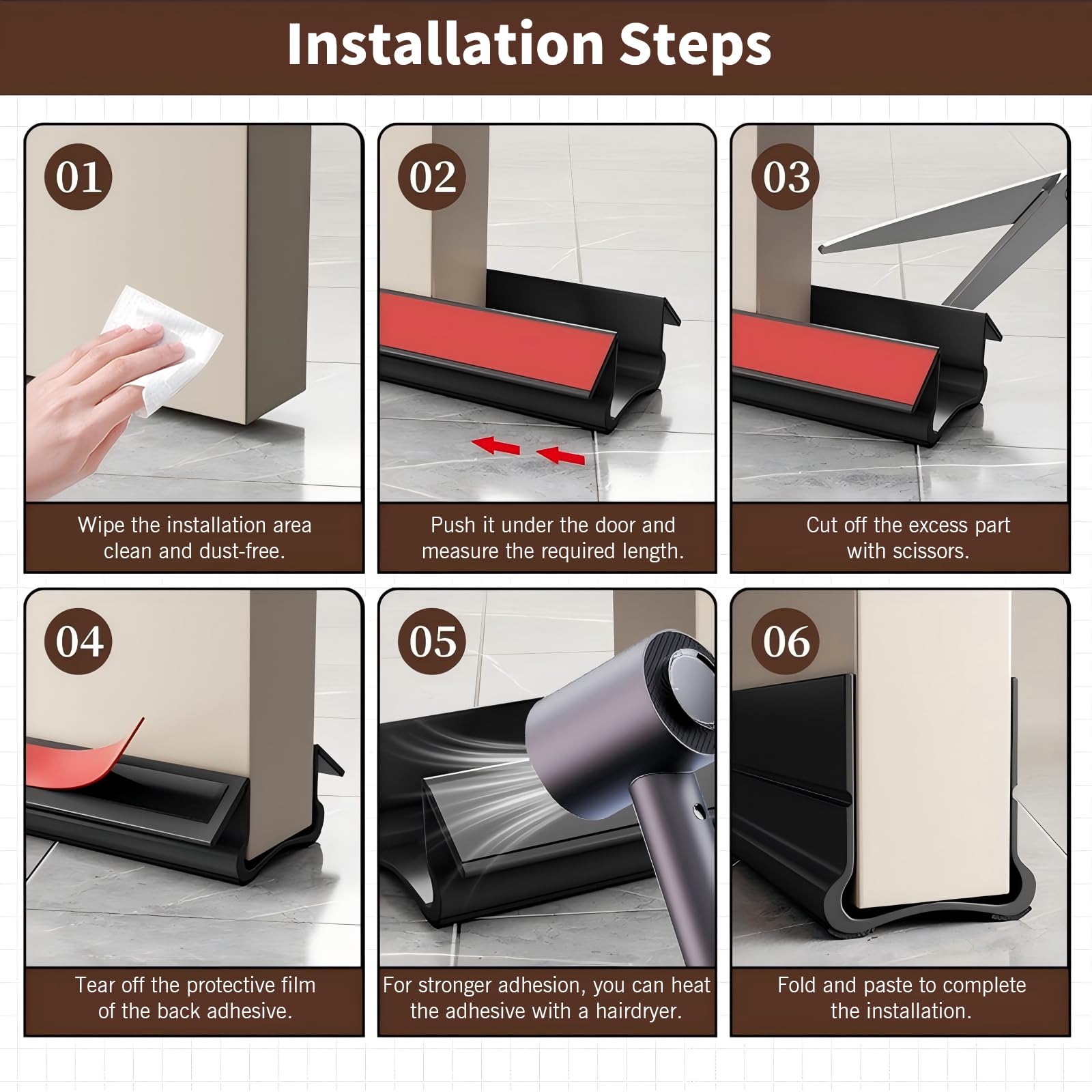 Guarnizione per porta in silicone autoadesiva bianca lunga 93 cm, adatta per porte con uno spazio nella parte inferiore da 0,3 a 2,6 cm - 4