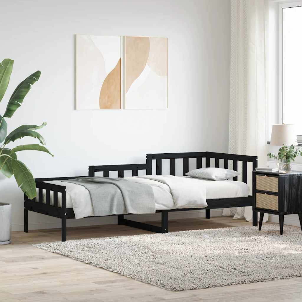 Łóżko Dzienne Czarne Drewniane Rama Łóżka Drewniana Ze Stelażem Do Sypialni Pokoju 80x200 cm