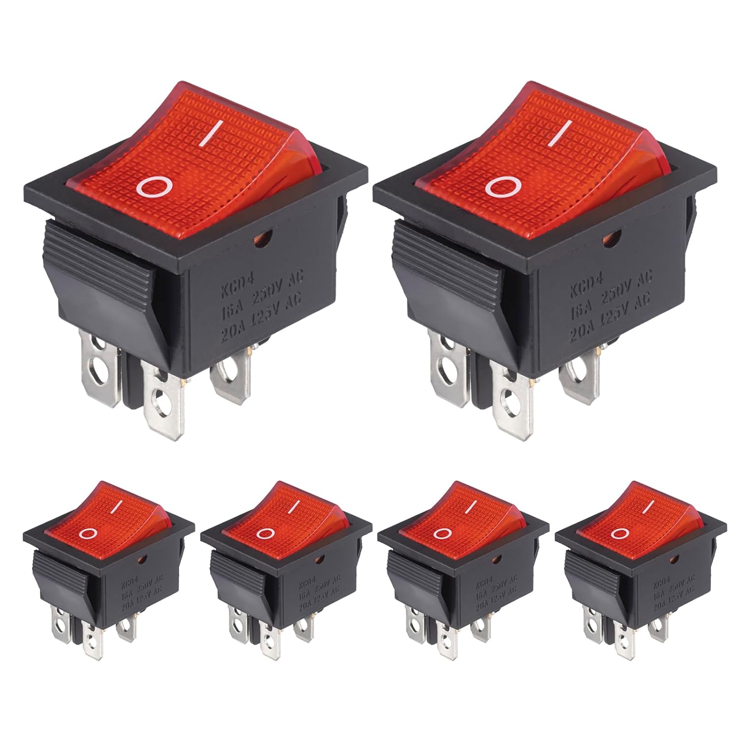 Przełącznik kołyskowy 4-pinowy, 2-pozycyjny przełącznik kołyskowy WŁ./WYŁ., 16 A 250 V AC, 20 A 125 V AC, czerwone światło, przycisk WŁ./WYŁ., 6 sztu