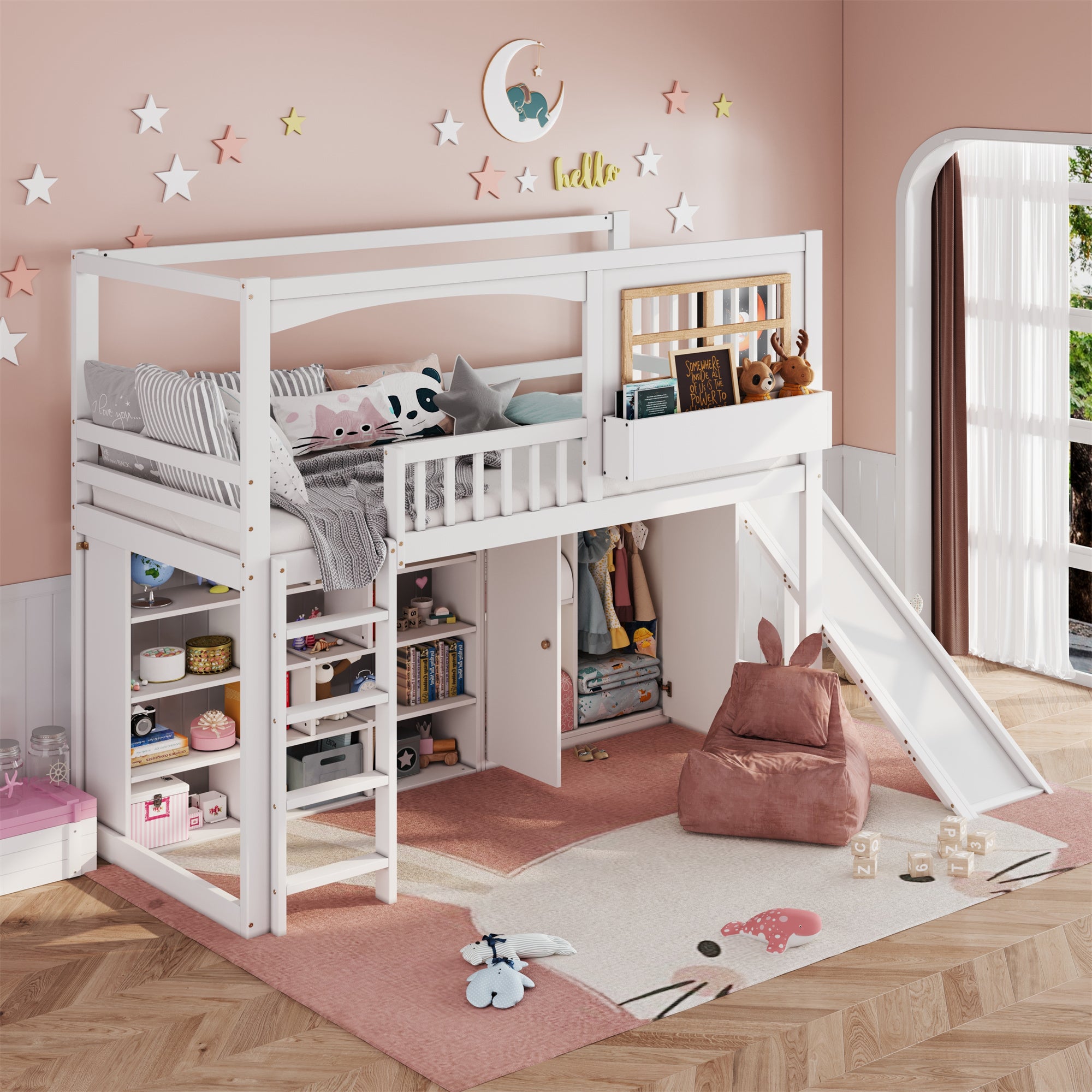 Lit superposé, lit enfant, avec barrière de sécurité, avec toboggan et armoire pour enfants, grand espace de rangement, 90x200cm - 5