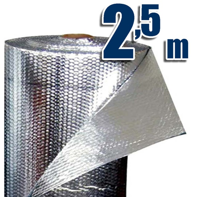 Isolation thermique 100% aluminium et bulles (3m² = 2,5 x 1,2m). Placement dans : maisons, fourgons, caravanes, garages, entrepôts industriels