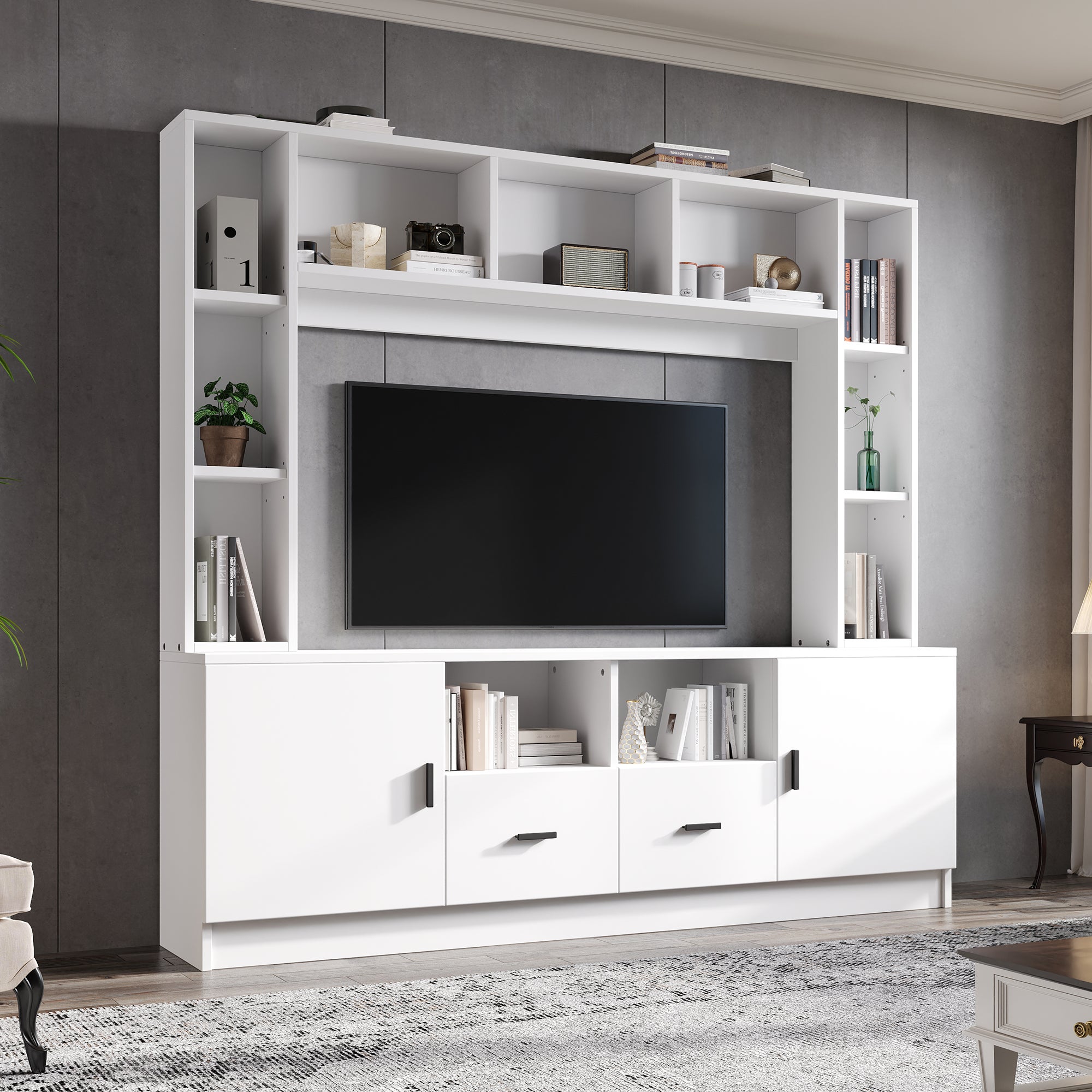 Stojak pod TV z 2 drzwiami, 2 szufladami i 11 przegródkami na telewizor 60 cali - 180 x 35 x 170 cm - Płyta wiórowa - Kolor biały