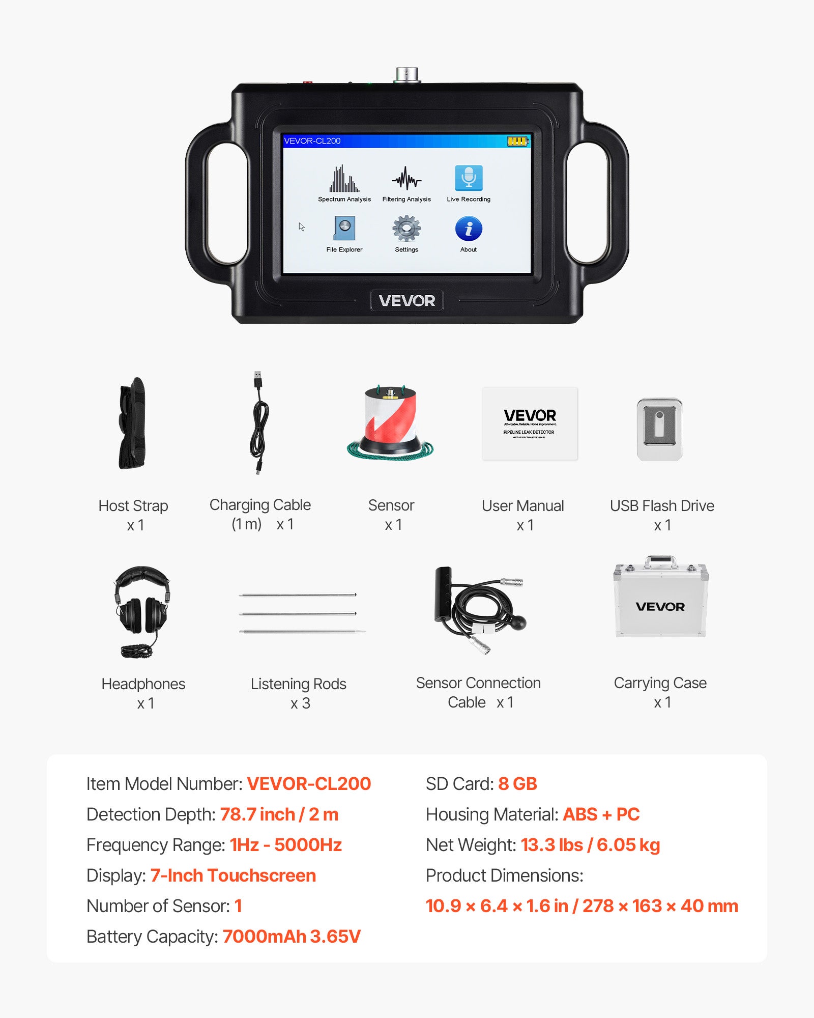 Detetor fugas água em tubagem subterrânea VEVOR, profundidade 2 m, 1-5000 Hz, ecrã LCD sensível ao toque, com sensor sensível, 3 sondas escuta - 7