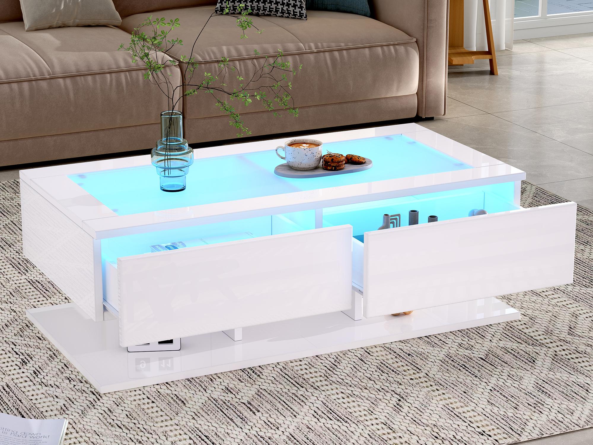 Stolik kawowy o wysokim połysku 100 x 50 x 35 cm - 2 szuflady - Z oświetleniem LED Szklany blat - Płyta wiórowa - Biały
