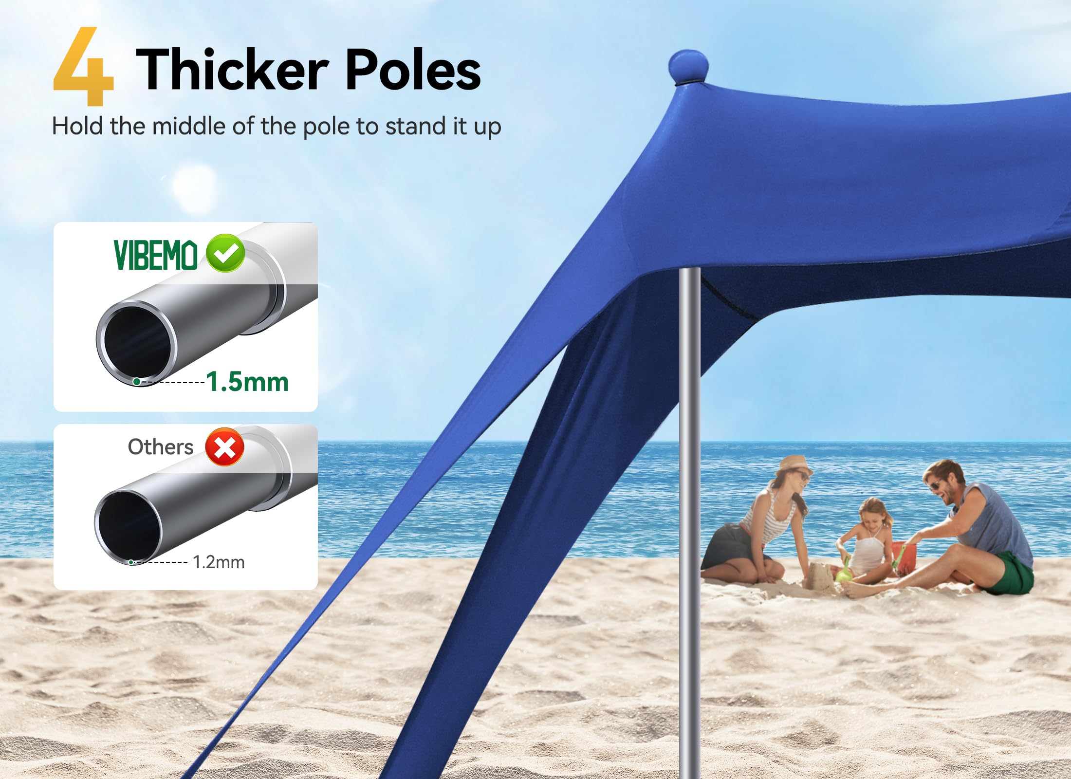 Tente de plage extérieure, pare-soleil de protection UPF50+ avec 8 sacs de sable, 10 x 10 pieds, pouvant accueillir jusqu'à 8 personnes, bleu marine - 8