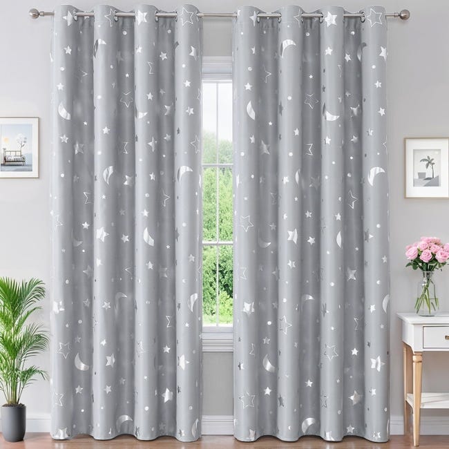 Zasłony zaciemniające w kolorze szarym w gwiazdki - 2 panele 132x214 cm, z wbudowaną izolacją termiczną