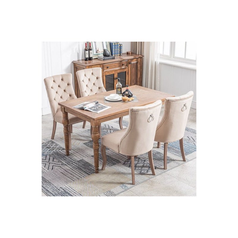 Zestaw 4 krzeseł do jadalni - Aksamit i lite drewno - Oparcie w romby - Beżowe