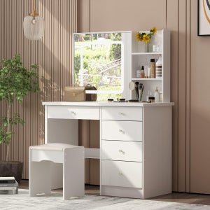 Coiffeuse Avec Miroir LED 3 Couleurs - 3 Tiroirs, Armoire Et étagère - 120x40x90 Cm - Bois Naturel - Pour Chambre