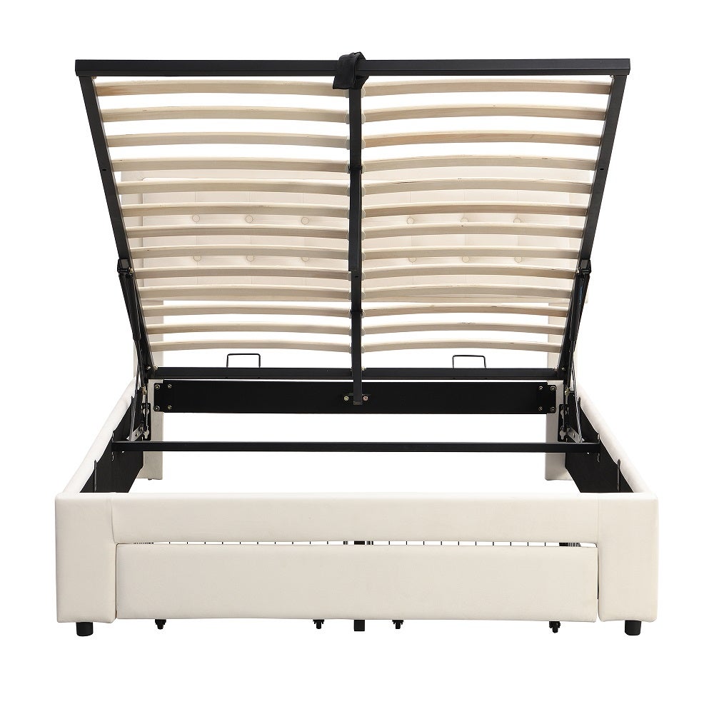 Cama contenedor con cabecero - 140 x 200 cm - 2 cajones - terciopelo - somier de láminas - estilo contemporáneo - blanco - 7