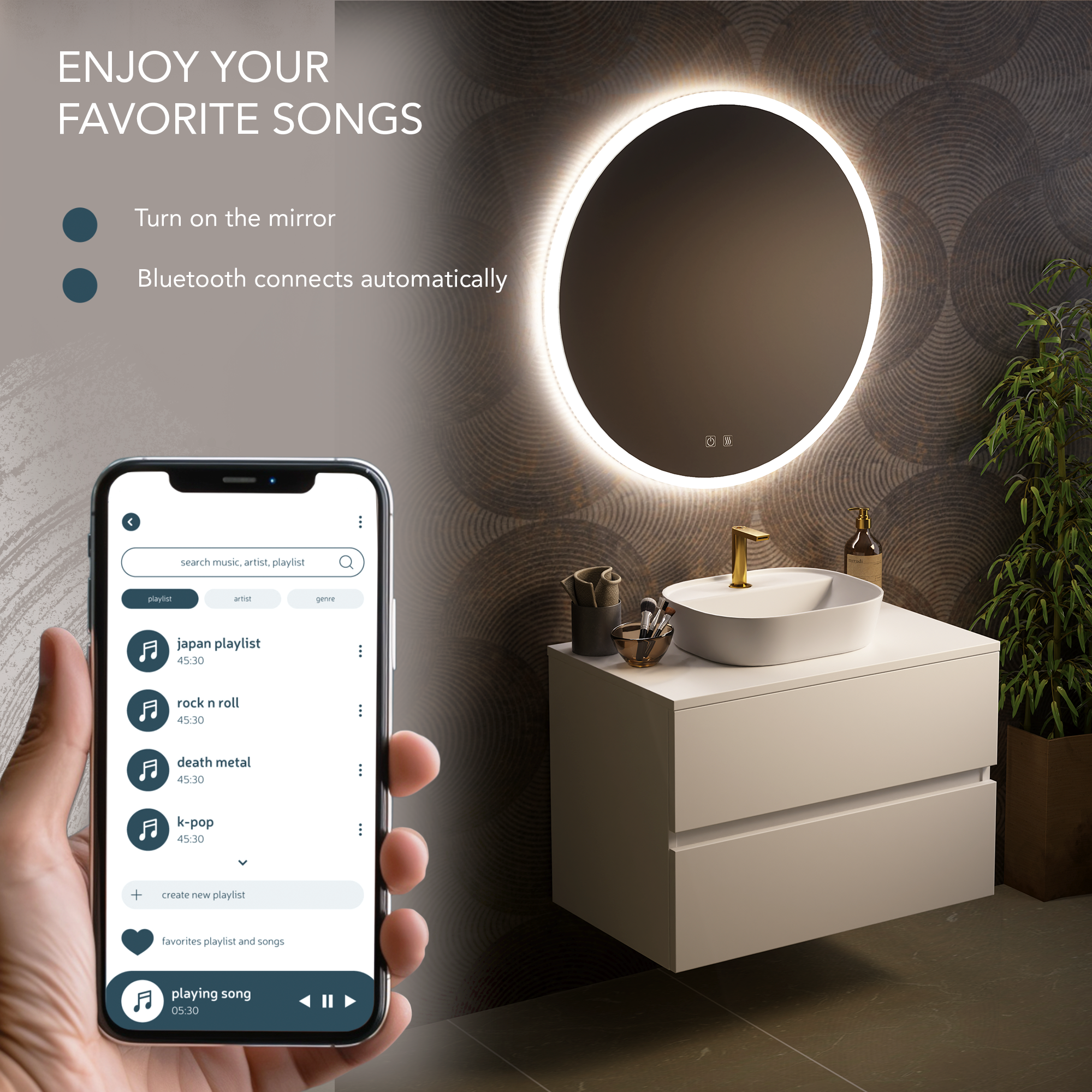 Miroir de Salle de Bains Rond LED Ø60 cm, Bluetooth, 3 Teintes ...