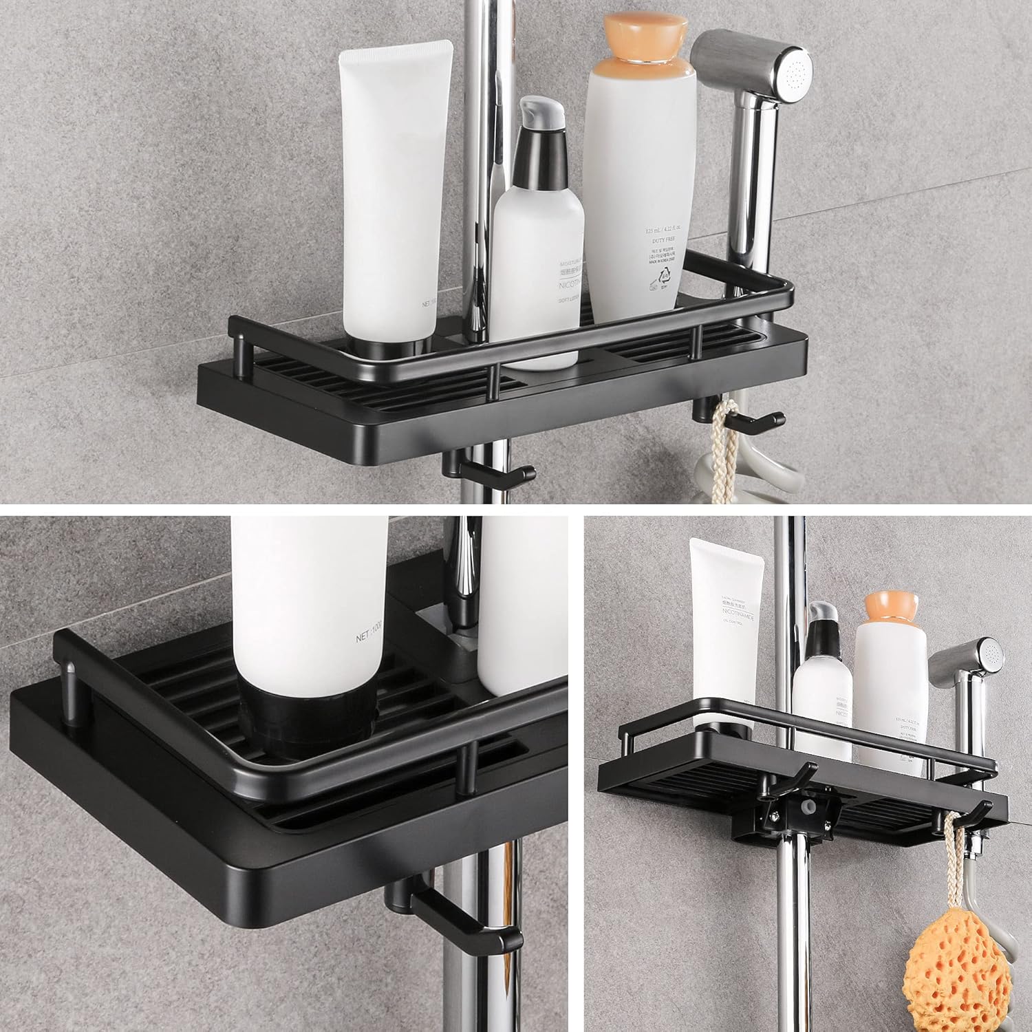 Support de douche, lot de 2, rangement de salle de bain, sans perçage, montage mural, antirouille, autocollant, noir 24MM-25MM - 4