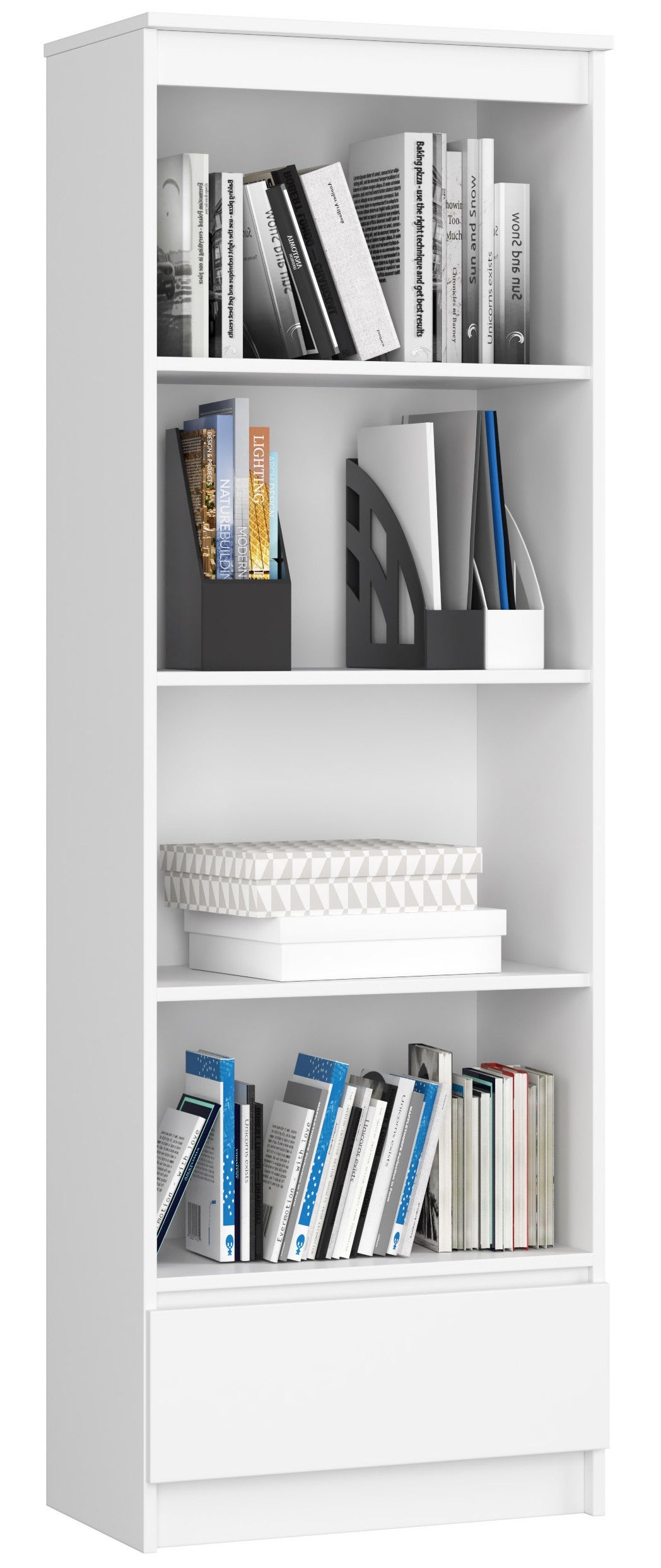 Regał AKORD R60 Biały 60 cm Biały mat 1 szuflada kolor Biały mat 4 półki 60x35x180 cm