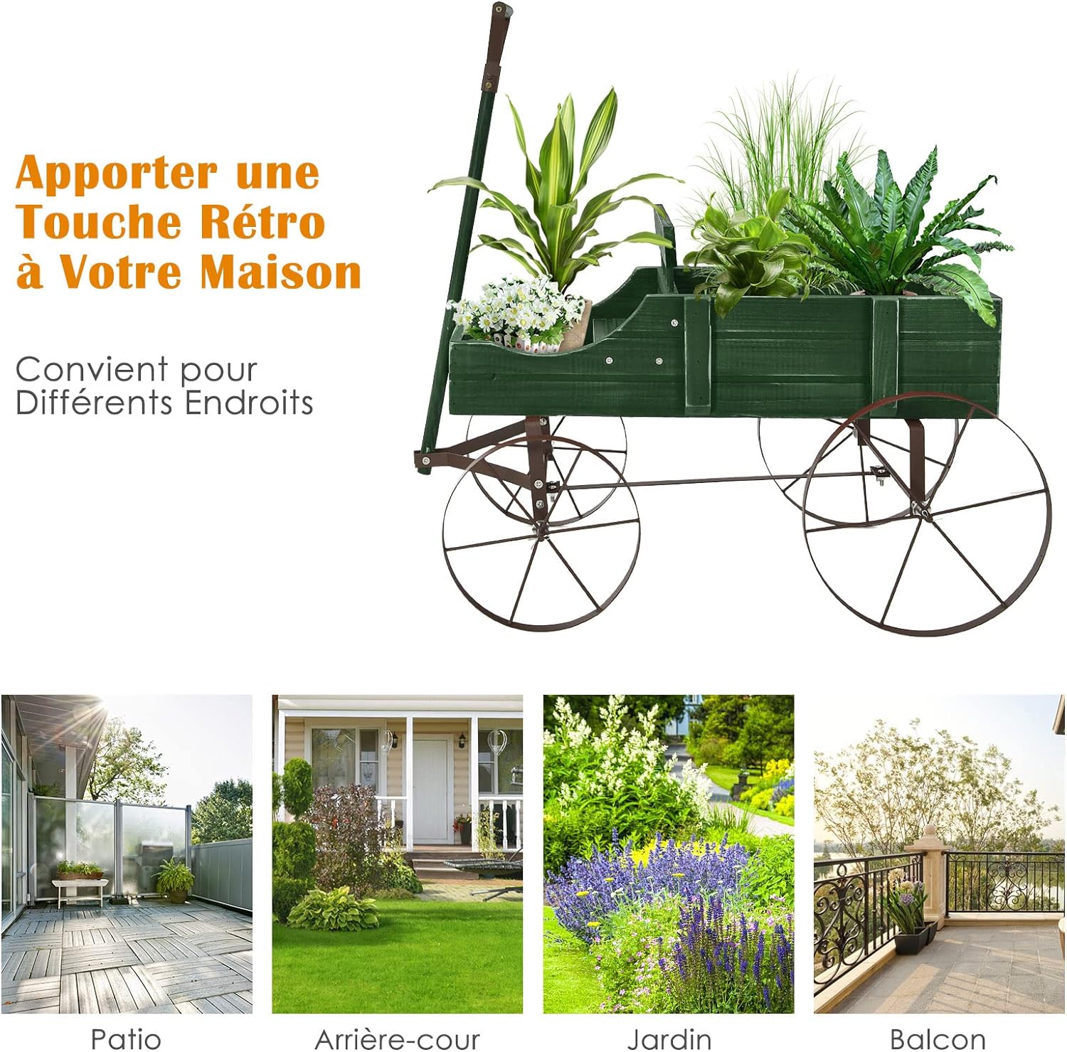 Jardinière Forme Brouette Chariot Décoratif en Bois avec Bac de Plantation pour Jardinières,Jusqu’à 15kg 35×62,5×60cm (Vert) - 4