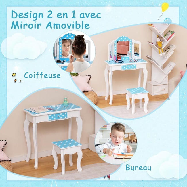 Toeletta Trucco Bambina COSTWAY 2 In 1 - Con Specchio, Cassetto E Sgabello, Legno Bianco 50x34x93cm - Foto 13