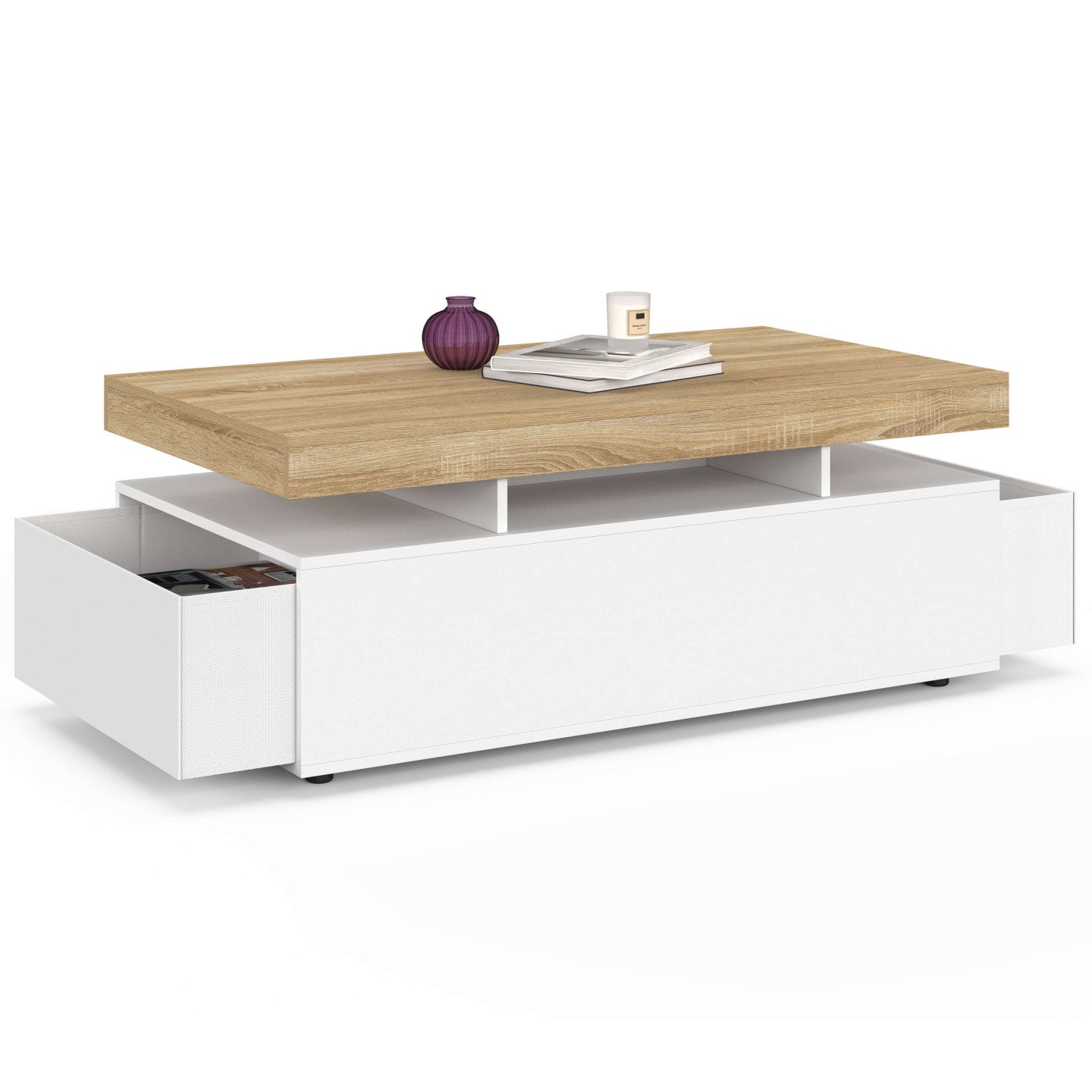 Table basse rectangulaire ELSA 100 cm 2 tiroirs en bois blanc et plateau façon hêtre - 4