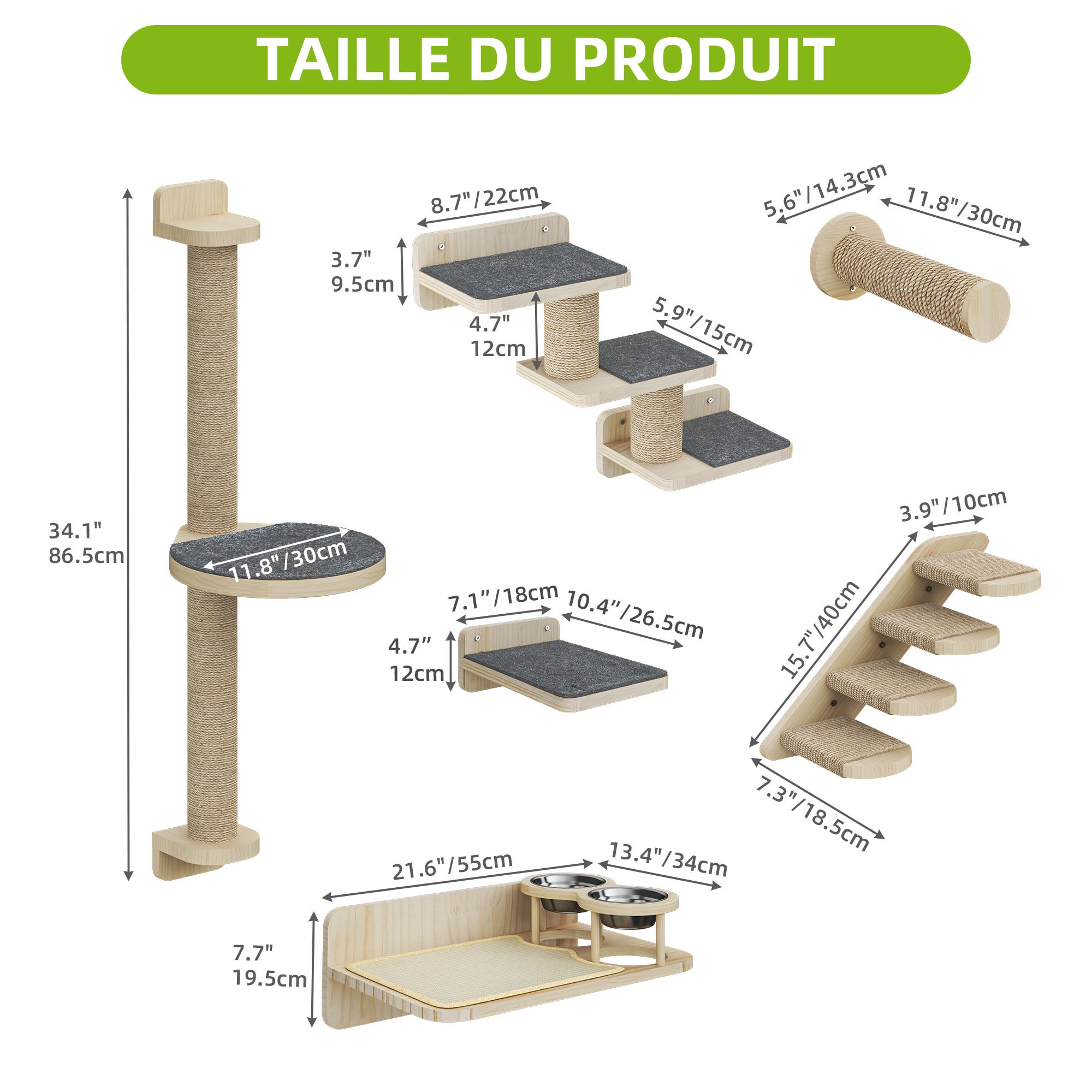 Balconera Ensemble de 8 murs d'escalade pour chats - 1 escalier, 2 plateformes et 2 échelles - Gris et chêne - 7
