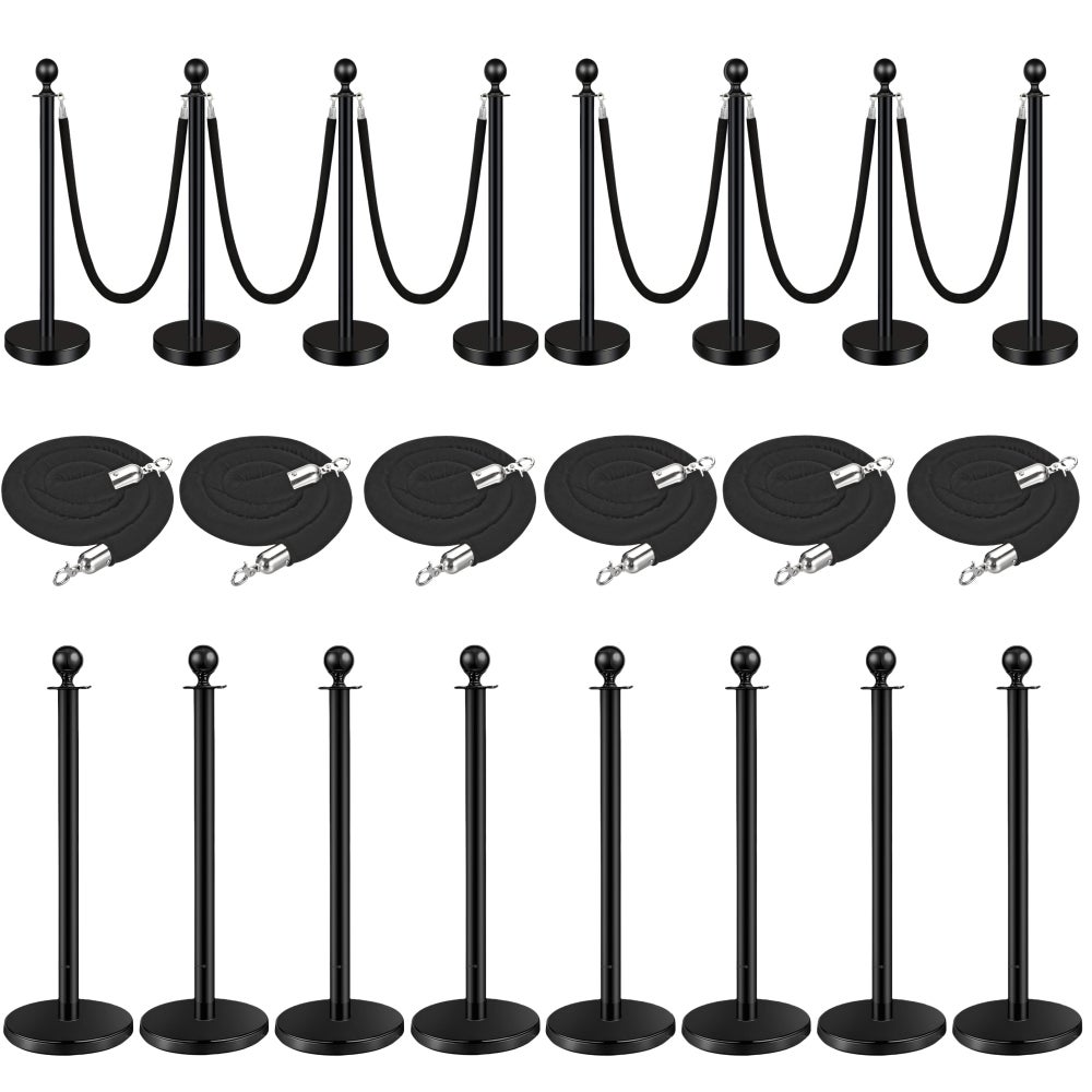 Barras de control de multitudes 8 piezas 95cm acero inoxidable negro con 6 cuerdas terciopelo 150cm para eventos, bodas, alfombra roja