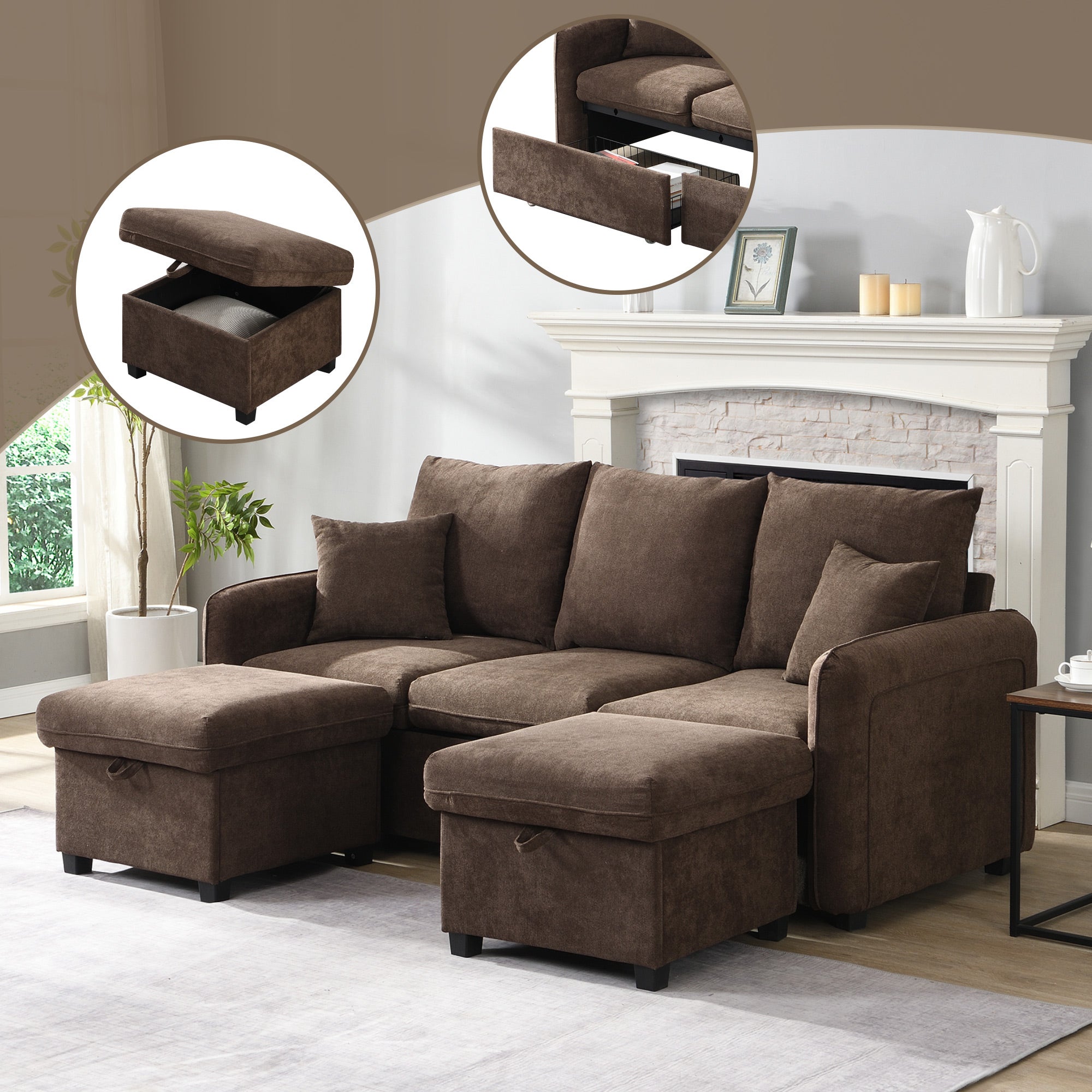Sofa 3-osobowa z tkaniny szenilowej - 2 szuflady i 2 hokery ze schowkiem - 188 x 82 x 86 cm + 52 x 52 x 42 cm - Antyczny brąz